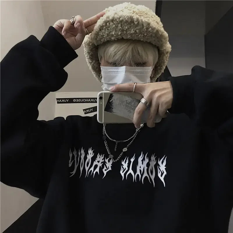 Autumn Punk Black Sweatshirts Tops Gothic Grunge Oversized Hoodie Streetwear Womens Hip-hop Cool Couple High Street Pullovers