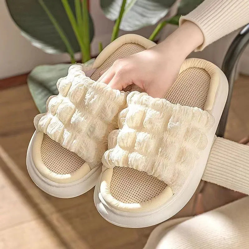 Women Spring Autumn Home Slippers Open-Toe Cross Band Linen Soled Indoor Slides Linen Soled Non-Slip Bathroom Slippers TG17