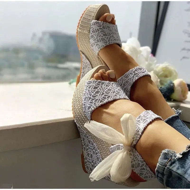 Female Bow Platform Sandals Bohemian Style Fish Mouth Wedges High-heeled Shoes Beach Slippers Sapato Feminino Confortavel