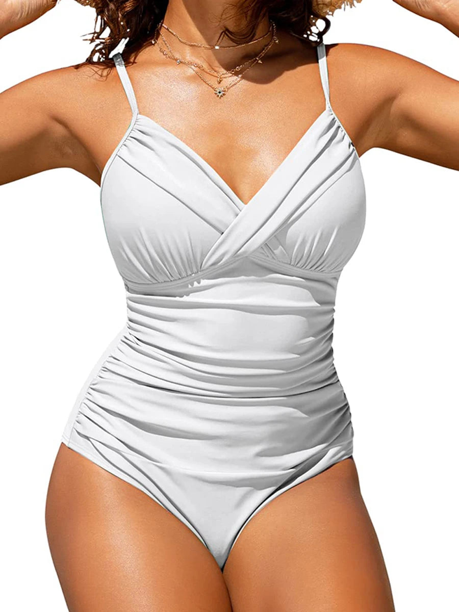 2023 Women Sports Pleated Bodysuit Summer Bather Bathing Push Up Solid Swimwear Female Swimming Beach Shoulder Strap Monokini